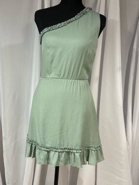 Francesca’s Mi Ami One-Shoulder Ruffle Mini Dress in Mint Green